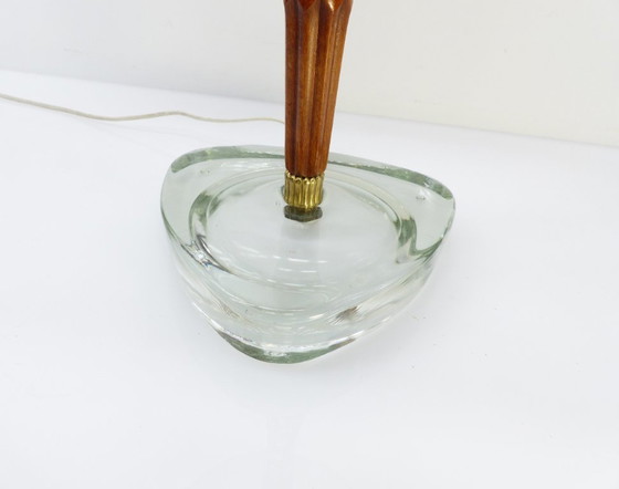 Scandinavian table lamp in aqua glass, wood and brass – attributed to Nybro Armaturfabrik, Sweden, 1960s (photo 5 of 8)
