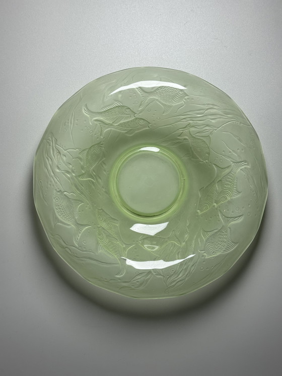 Image 1 of August Walther & Söhne “Arabella” Uranium Glass Centerpiece Bowl – Art Deco Fish Decor – 1930s Germany