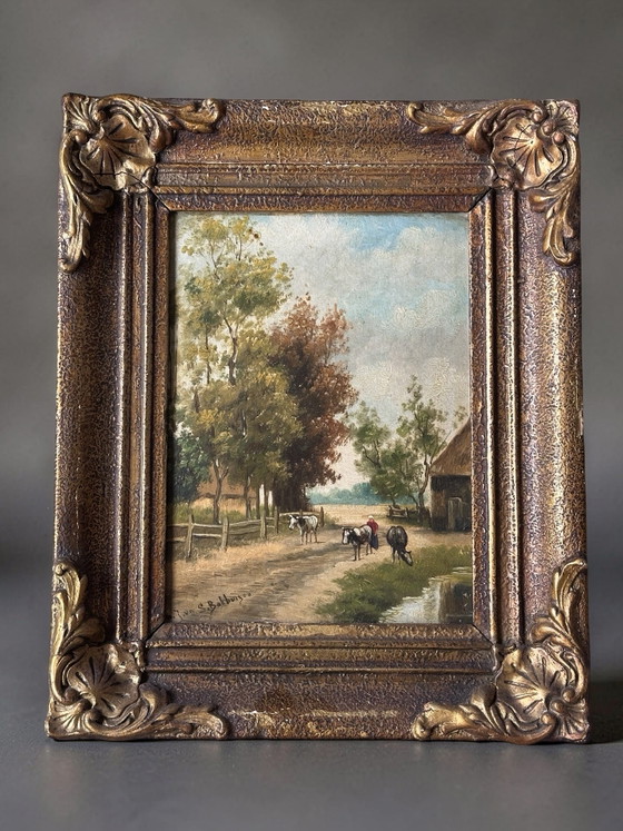Antique Oil Painting – Julius Jacobus Van De Sande Bakhuyzen (Hague School) – Dutch Polder Landscape (photo 3 of 6)