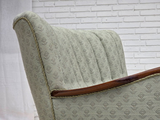 Image 1 of Deense fauteuil uit de jaren 60, lichtblauwe meubelstof, beukenhout.