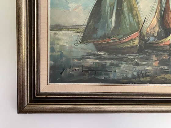 Image 1 of Oil painting of sailboats near a Zeeland village