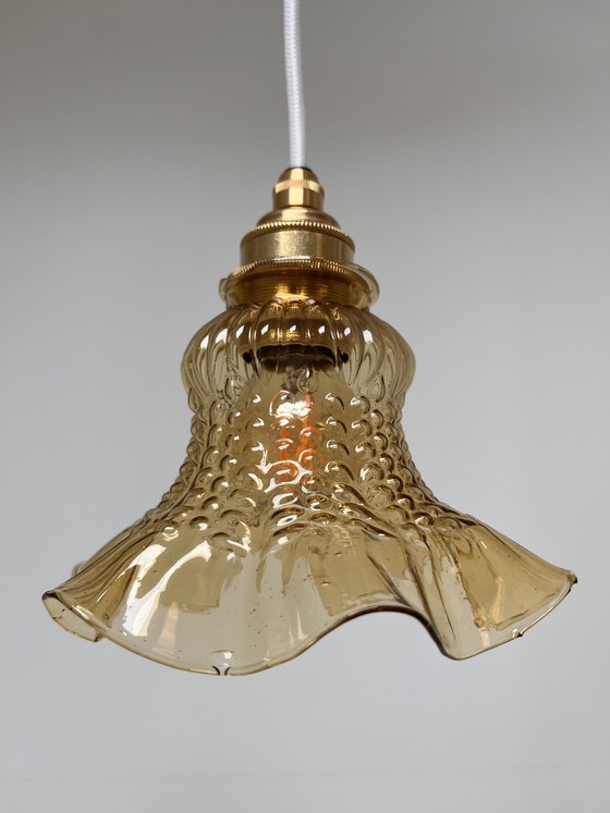 Image 1 of Set of two vintage glass lampshade, amber, wavy edge