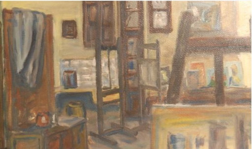 Pintura de escena interior de mediados del siglo XX, enmarcada