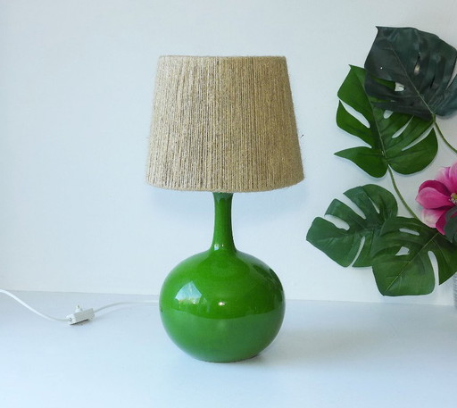 Lámpara de mesa vintage Hutschenreuther cerámica verde años 60 70 con pantalla de sisal