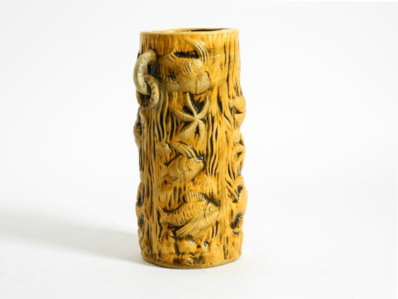 Image 1 of Beautiful large handmade glazed ceramic floor vase, handled vase with maritime fish and starfish motifs | Mid Century Modern