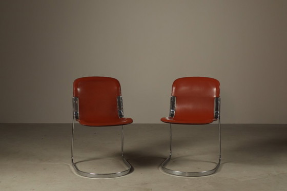 Image 1 of Set of six leather cantilever dining chairs by Willy Rizzo for Cidue, Italy 1970s