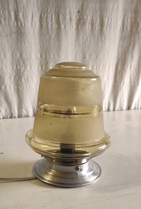 Image 1 of Lampadario vintage in vetro fumé/satinato - metà del XX secolo