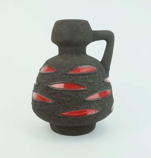 Mid Century Fat Lava Vase Jug Schlossberg Ceramics 1970s Brown with Glossy Red Pattern Model No. 64-25