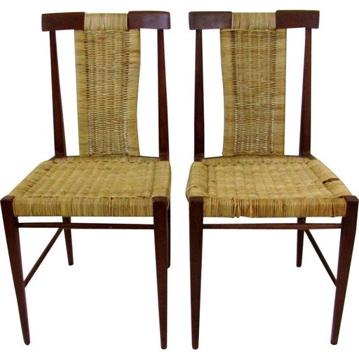 Set of 2 vintage dining chairs in wood and wicker, 1960s