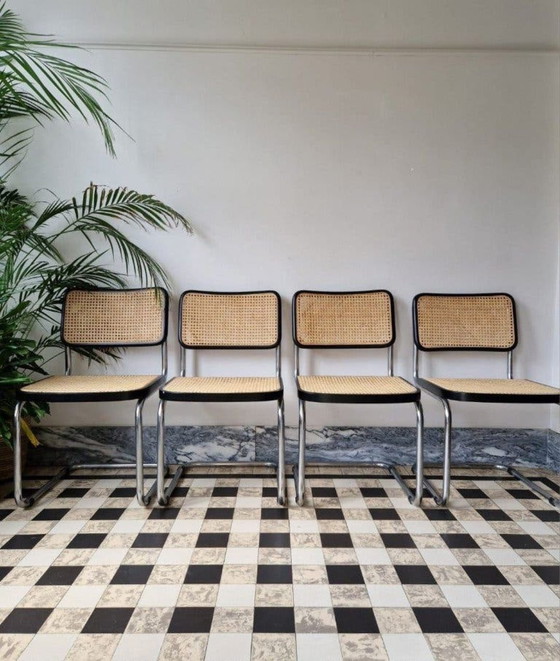 4 stoelen Marcel Breuer, sesca, Eetkamerstoelen, Rotan, Hout, Beige (foto 6 van 7)