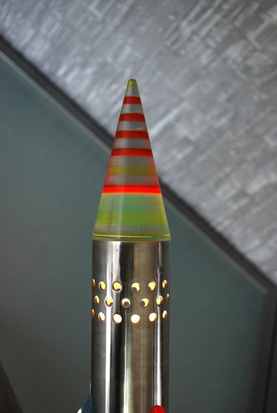 Image 1 of Rocket lamp, Red Yellow Blue made of stainless steel 1970s Space age, handmade