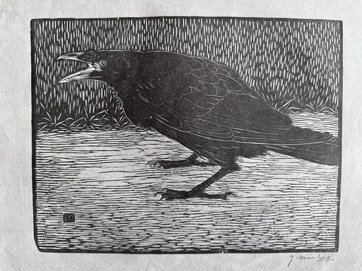 Jan Mankes 1889-1920 / Grabado original en madera "Cuervo gritando" 1918