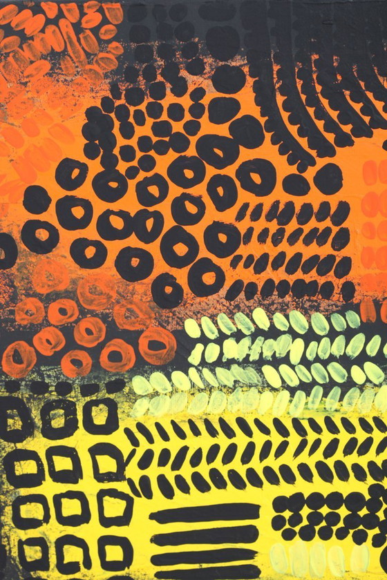 Image 1 of Orange, black and yellow abstract acrylic painting on stretched canvas