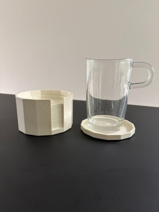 Vintage plastic coasters with holder | Set of 6 | Geometric | Cream