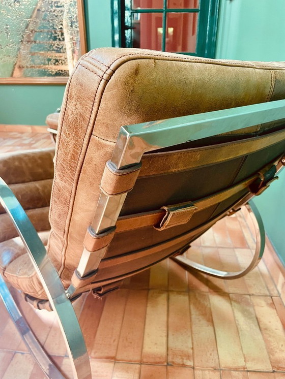 Image 1 of Vintage design rocking chair in the style of Hans Kaufeld, 1970s, leather and chrome, Bauhaus inspired.