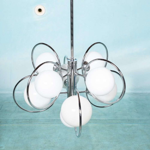 Grande lampe suspendue Space age verre laiteux et chrome suspension bauhaus 70s
