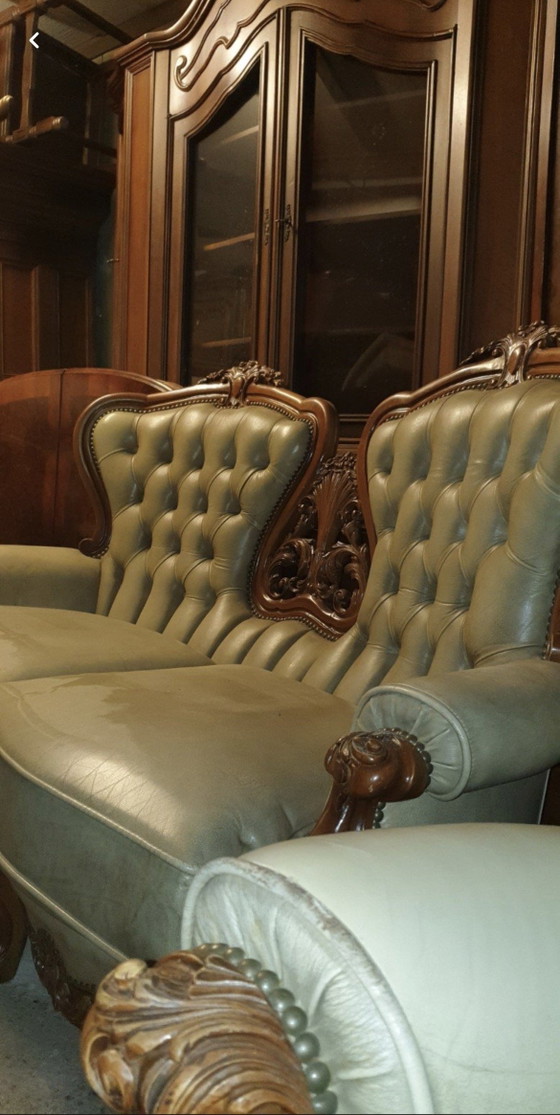 Baroque Biedermeier Leather Sofa – 2 seaters, Wood (photo 2 of 6)