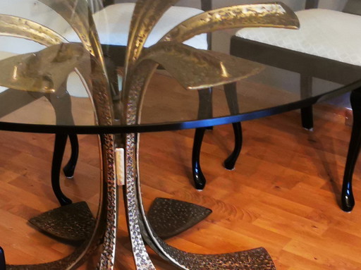 table 130x74 verre en cristal, pieds en laiton, luciano frigerio