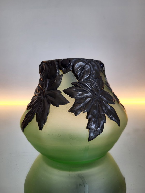 Image 1 of Art Nouveau Loetz vase with green glass, pewter mount, floral decoration