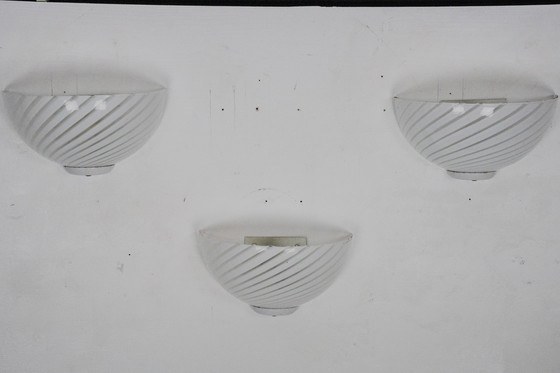 Image 1 of Italian Set of Three Striped Murano Glass Sconces in Venini Style, Italy 1970s