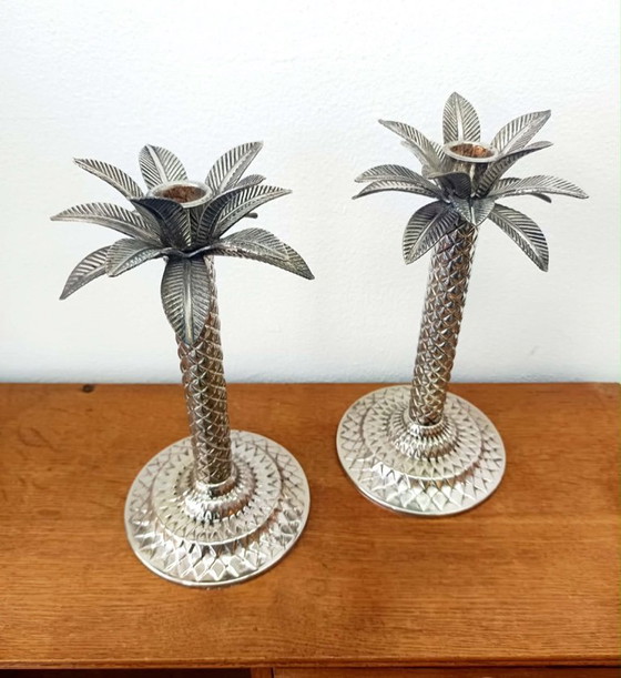 Image 1 of 2x Vintage palmboom kandelaars van zilverkleurig metaal