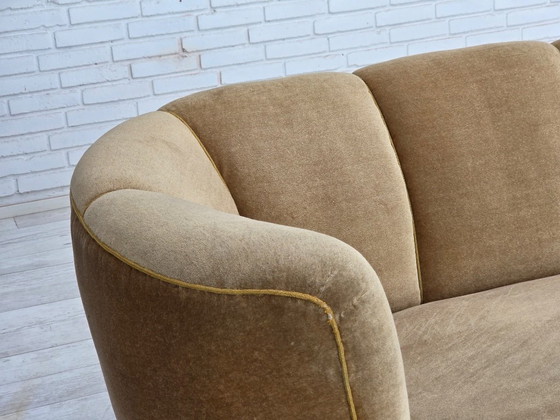 Image 1 of 1960s, Danish "Banana" 2-seater sofa, green furniture velour, oak wood.