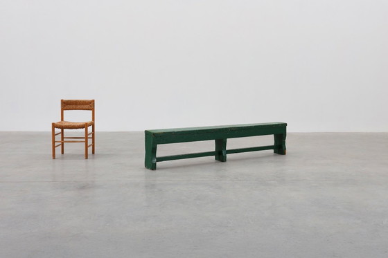 Image 1 of Panca rustica primitiva verde in rovere massiccio, Francia ca. 1900