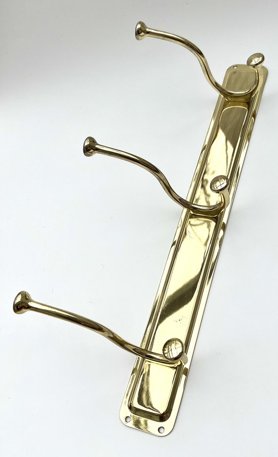Image 1 of Perchero de pared de latón pulido con tres ganchos dobles, década de 1970-1980