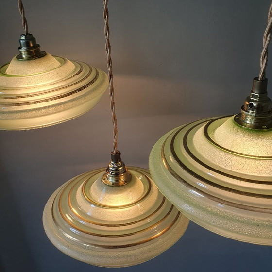 Set of 3 Antique Pendant Lights of Opaline Glass in Green, with Crushed Glass and Gold Decoration (photo 20 of 20)