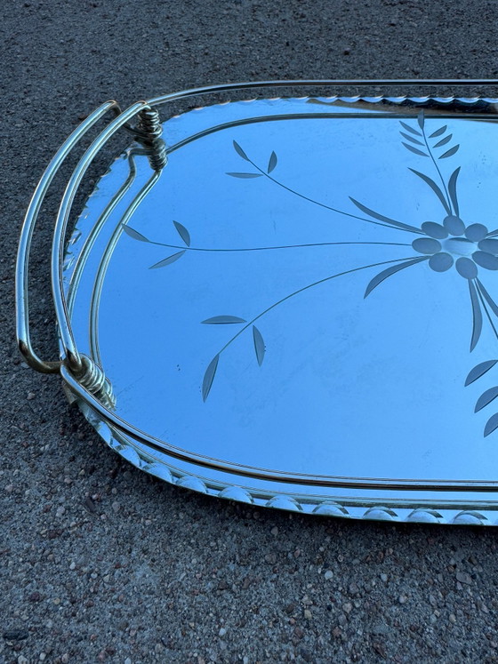 Engraved beveled mirror tray 50s, Decorative Objects, Glass, Chrome, Silver (photo 2 of 13)