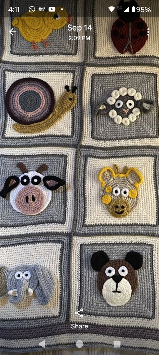 Coperta di animali fatta a mano all'uncinetto 30 quadrati