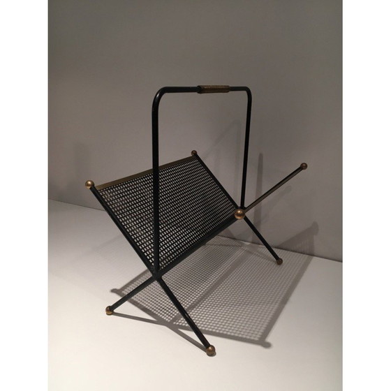 Image 1 of Vintage magazine rack in black lacquered metal and brass, France 1950