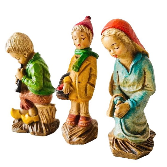 Image 1 of Ensemble de figurines de Noël peintes à la main, vintage Allemagne de l'Ouest, années 1960