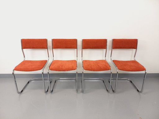 Suite de 4 chaises luge vintage en métal chromé et tissu des années 70 