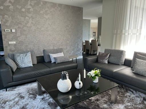 2 x Montel Hampton Sofa Set - Gray Leather - Fabric Cushions