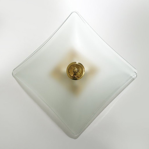 Lampada da soffitto in vetro satinato e ottone, anni '70