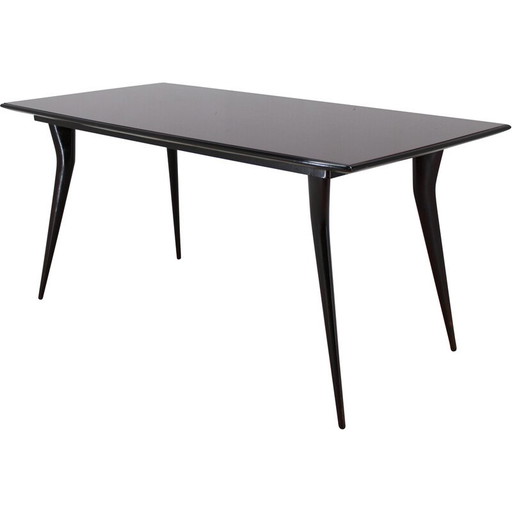 Table de salle à manger vintage en bois de hêtre et plateau en verre, Italie 1950