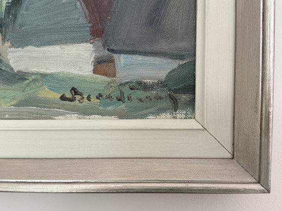 Image 1 of Abstraktes modernistisches Gemälde einer Küstenlandschaft „Küste mit Häusern“ von Carl Berntsson (1902–1982)