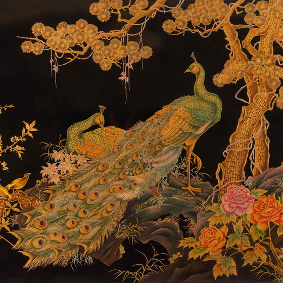 Image 1 of Large Hand-Painted Asian Lacquer Panel