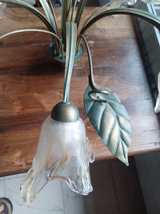 Image 1 of Vintage Italian Florentine Chandelier — Hand-blown Murano Glass with Gold Dust — Hollywood Regency 1980s