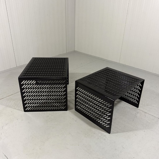 Black perforated steel side tables Italy 1980s