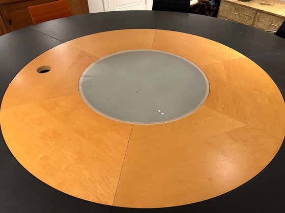 Large round conference table, black leather and wood, Eames, Metal, Modern (photo 2 of 6)