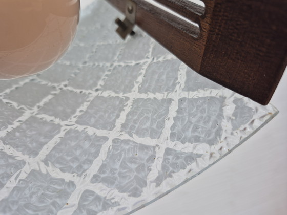 Image 1 of Mid-century pendant lamp in teak and embossed glass. Vintage lamp.