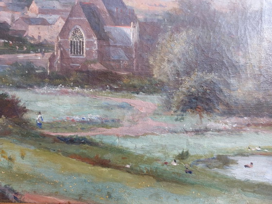 Image 1 of Paysage de village rural avec église - Henri Marcette (1824–1890)