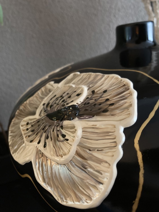 Image 1 of Hand-Painted Vase Black&White Poppy 3D Flowers ByJ&S