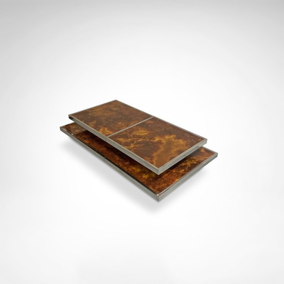 Image 1 of Schuifbare salontafel met twee niveaus van wortelhout en metaal, met geïntegreerde bar, Frankrijk, jaren 80.