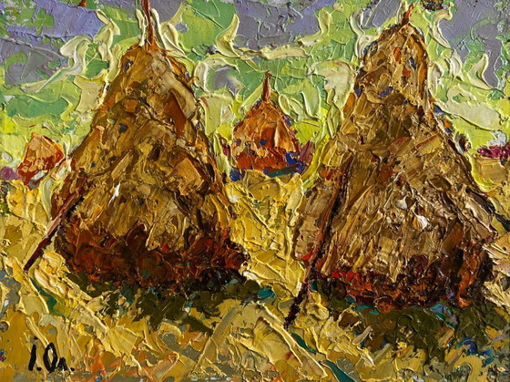 Image 1 of Original Oil Painting Summer Nature Landscape Fresh haystacks in the field