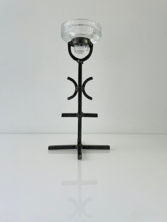 Image 1 of Rare vintage Brutalist candlestick – wrought iron & glass