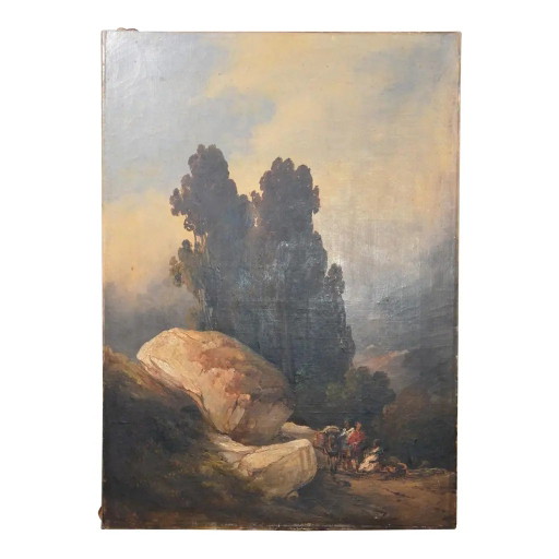 Antique Romantic Landscape Oil Painting With Figures and Rocky Scenery