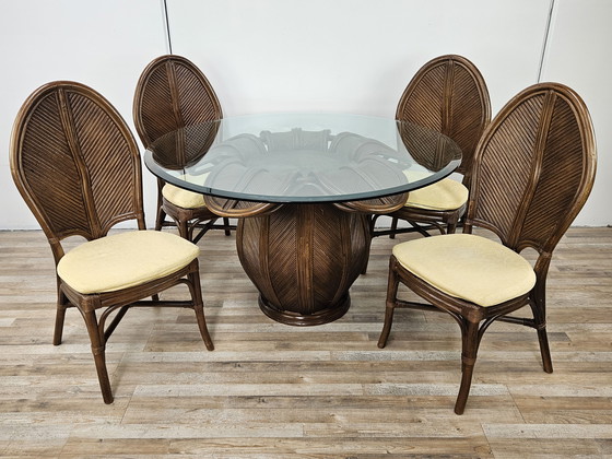 Image 1 of Set with Table and Four Chairs in Wicker and Bamboo by Vivai Del Sud, 1970